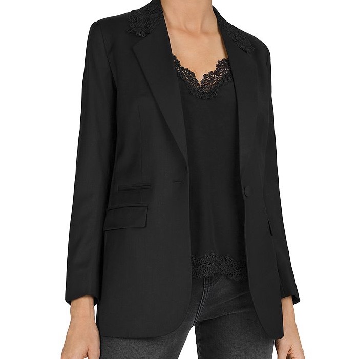 Nwt The Kooples New Stretch Smoking Blazer Jacket Lace Collar Black 34 Fr 2 Us